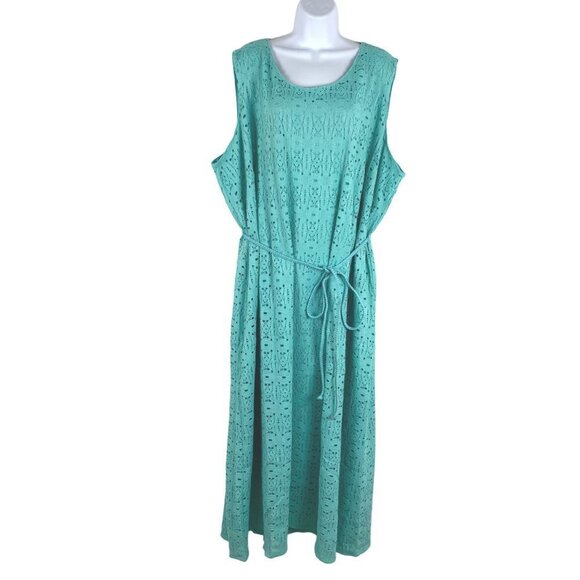 Catherines Dress Women's 4X Eyelet Turquoise Sleeveless Tie Waist NWT DR-1085 - Picture 3 of 14